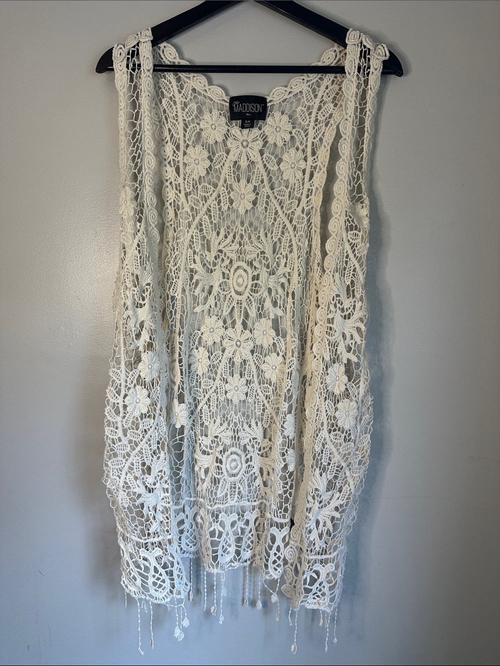 Boho 100% Cotton Crochet Open Vest With floral Crochet Pattern, Small